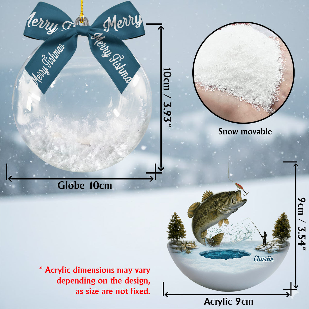 Fröhliche Fischweihnachten – Personalisierte Schneekugel mit Angelmotiv und Schleife