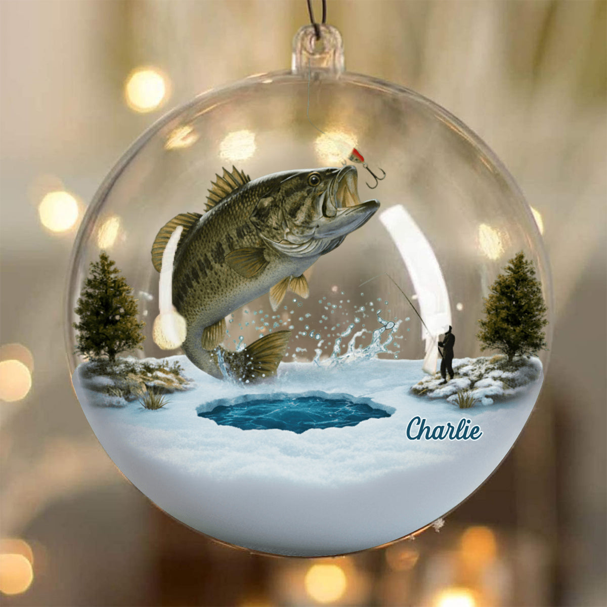 Fröhliche Fischweihnachten – Personalisierte Schneekugel mit Angelmotiv und Schleife