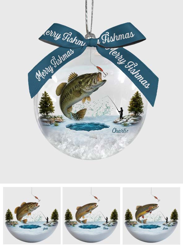 Fröhliche Fischweihnachten – Personalisierte Schneekugel mit Angelmotiv und Schleife