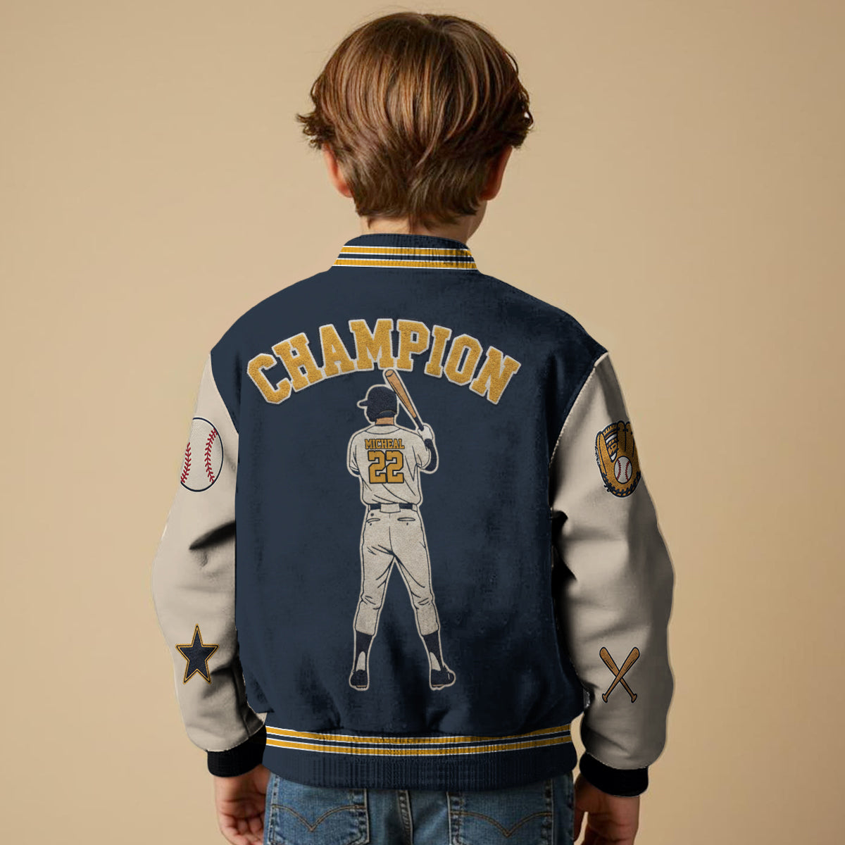 Baseball-Champion – Personalisierte Baseball-Collegejacke