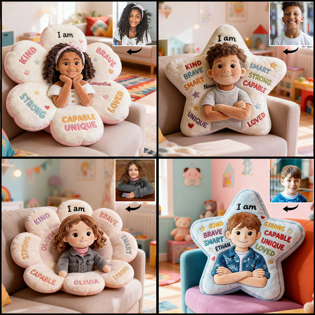 Affirmationskissen – Personalisiertes Kissen in Kinderform aus Kunstfell