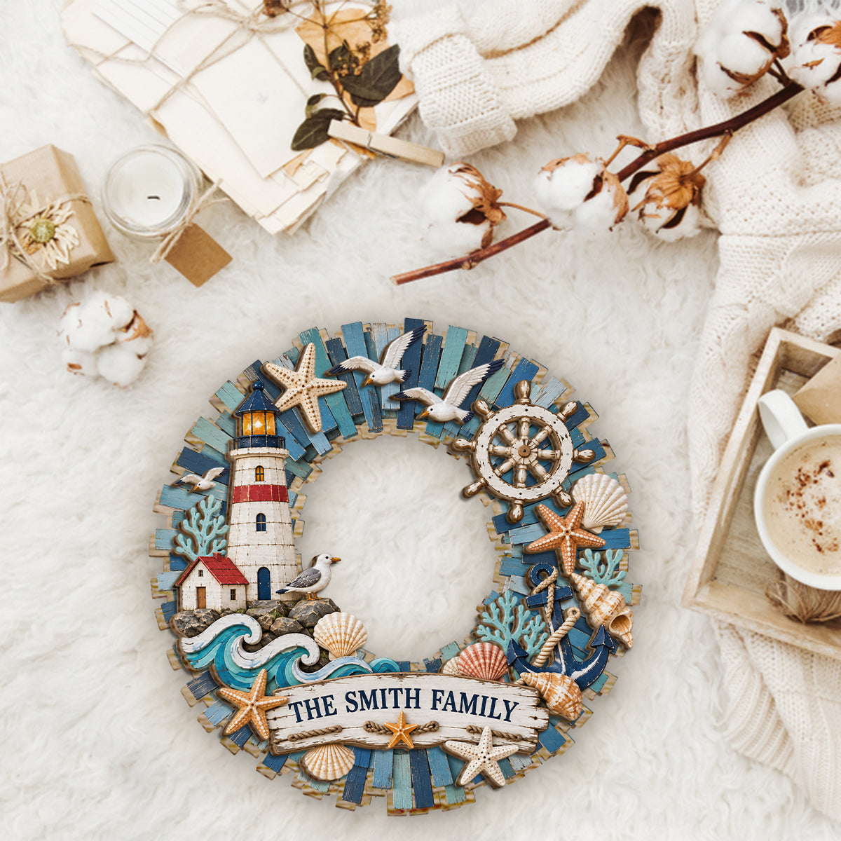 Lighthouse Coastal Home Decor, Coastal Wreath - Personalized Family 2 Layered Wood Sign / Wood Plaque