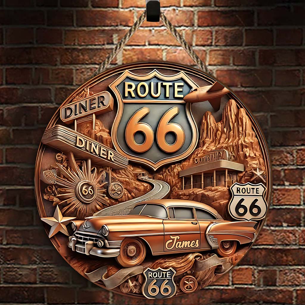 Vintage Route 66 - Personalisiertes rundes Holzschild im Muscle-Car-Stil