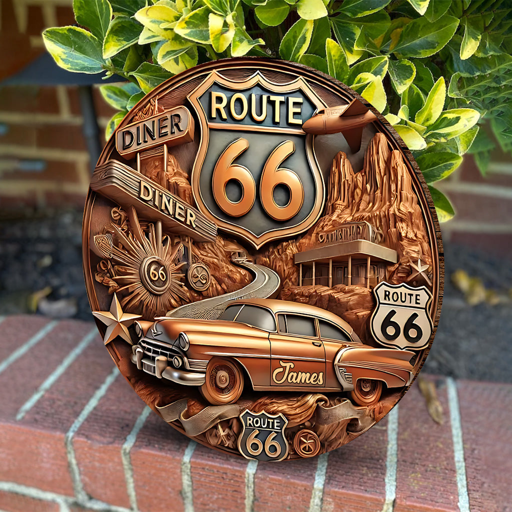 Vintage Route 66 - Personalisiertes rundes Holzschild im Muscle-Car-Stil