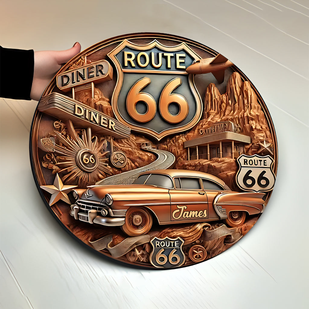 Vintage Route 66 - Personalisiertes rundes Holzschild im Muscle-Car-Stil