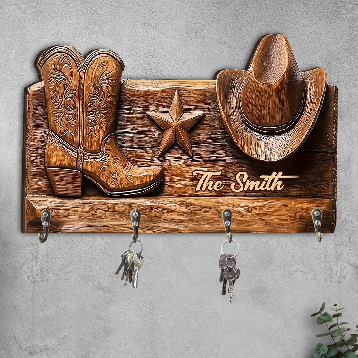 Rustikaler Cowgirl-Hut & Stiefel – Personalisierter Schlüsselhalter in Cowgirl-Form