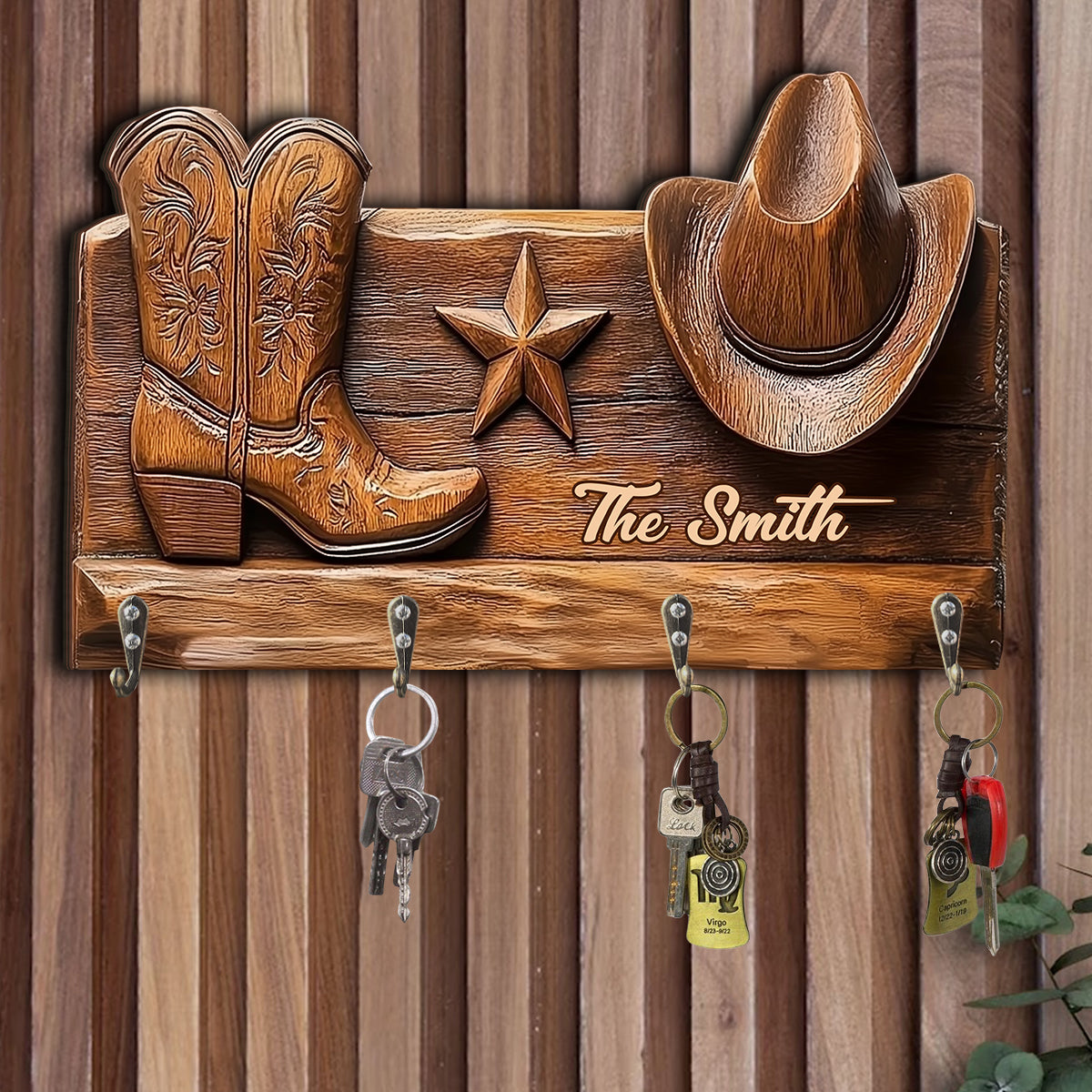 Rustikaler Cowgirl-Hut & Stiefel – Personalisierter Schlüsselhalter in Cowgirl-Form