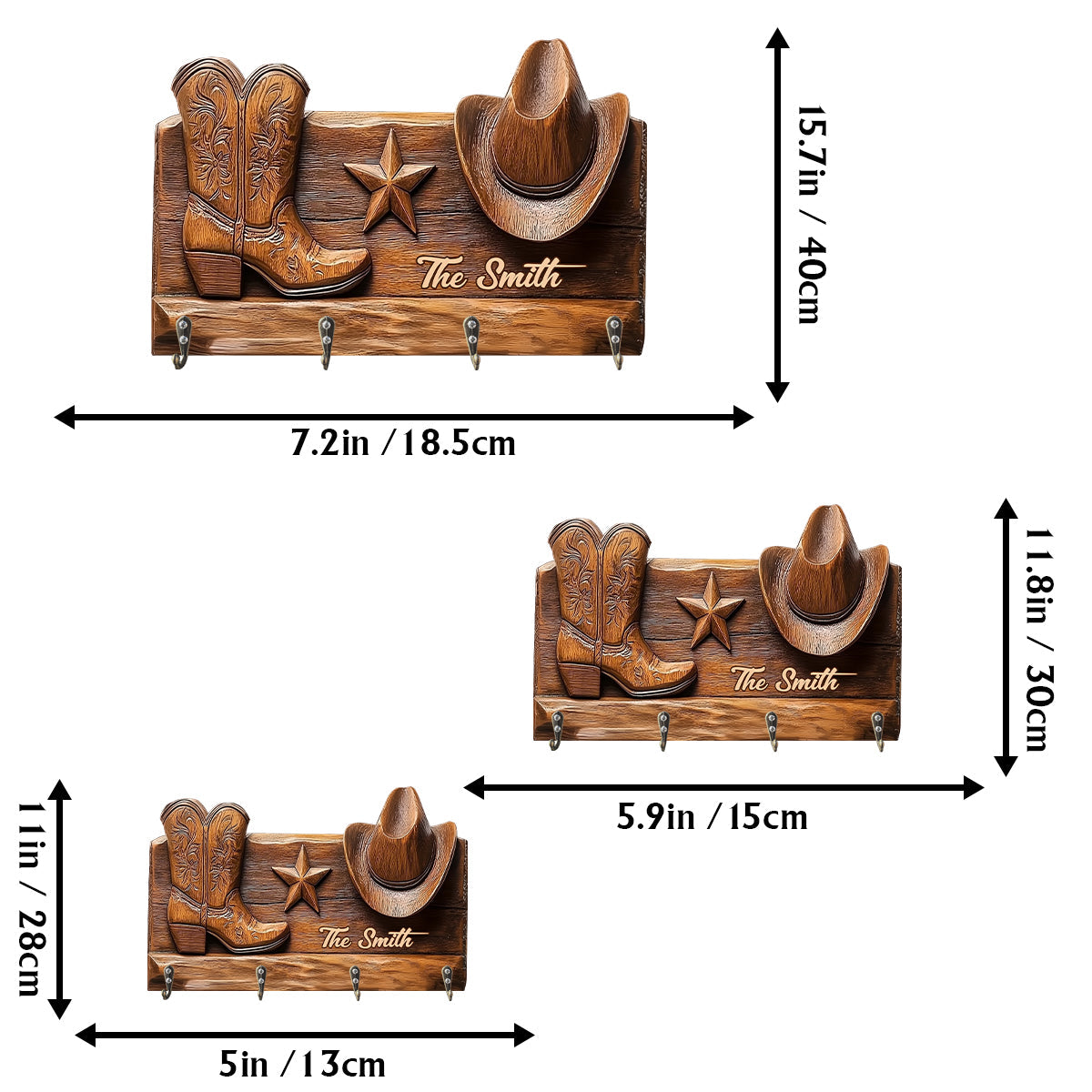 Rustikaler Cowgirl-Hut & Stiefel – Personalisierter Schlüsselhalter in Cowgirl-Form