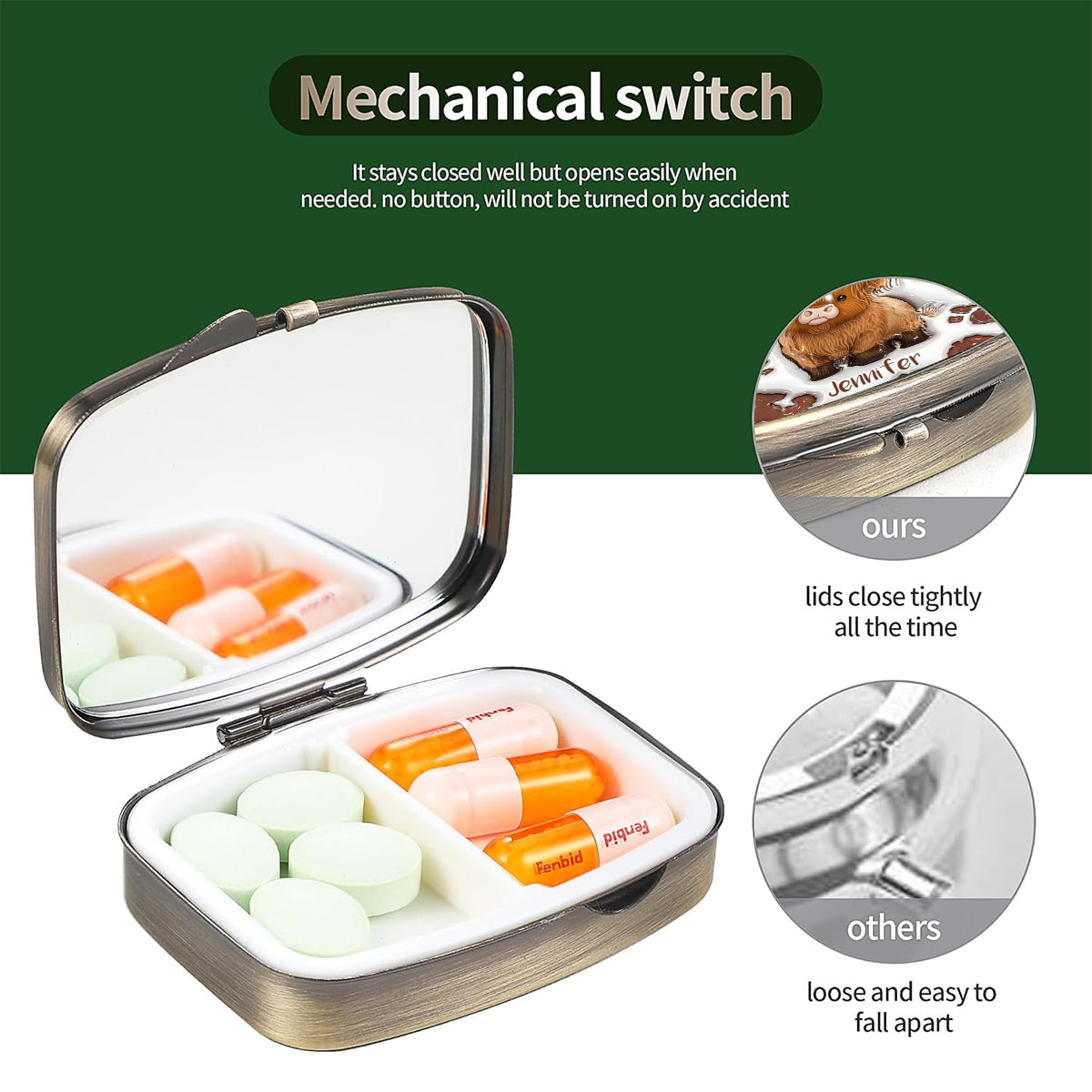 Einfach ein Mädchen, das Hochlandrinder liebt – Personalisierte Pillenbox mit Hochlandrind-Motiv