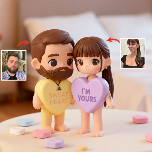 Individuell gestaltete Herz-Süßigkeiten mit Foto-Konversation – Personalisierte, maßgefertigte 3D-Minifigur für Paare