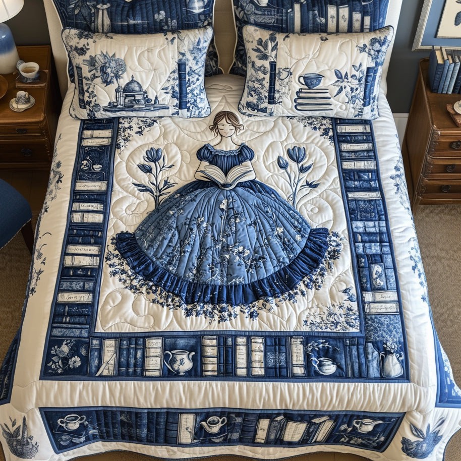 Toile de Jouy Lesendes Mädchen - Personalisiertes Buch-Quilt-Set