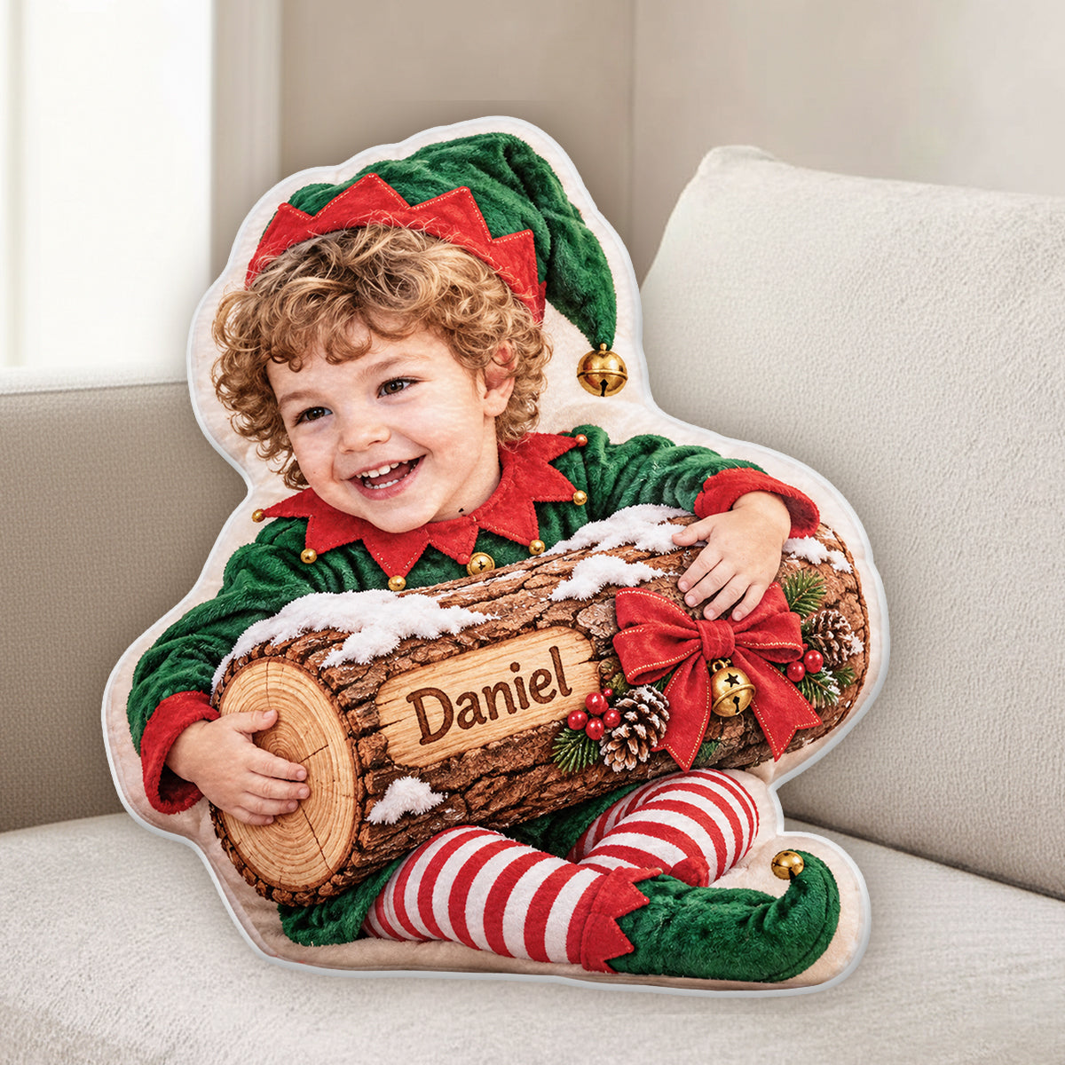 Christmas Yule Log - Personalized Kid Faux Fur Shaped Pillow