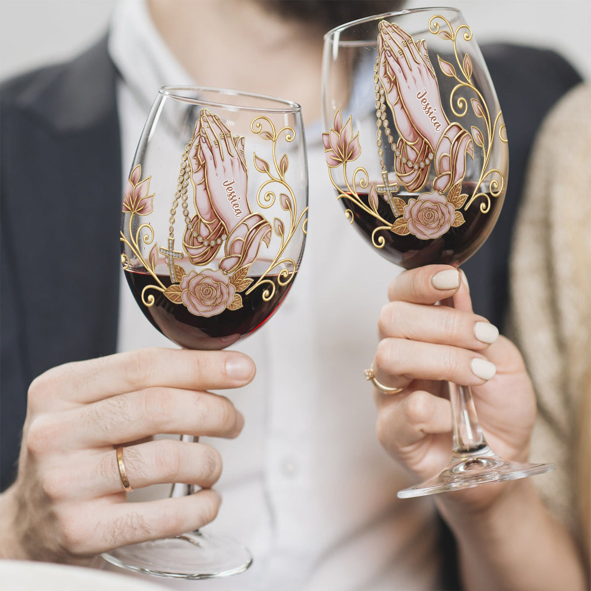 Betende Hände – Personalisiertes christliches Weinglas mit langem Stiel