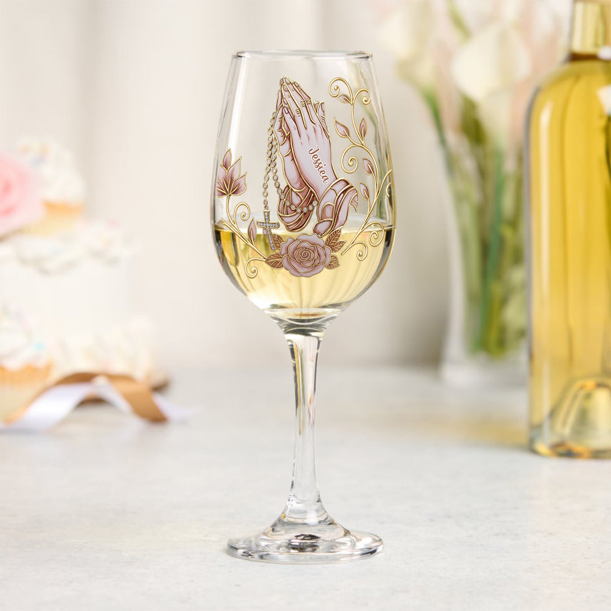 Betende Hände – Personalisiertes christliches Weinglas mit langem Stiel