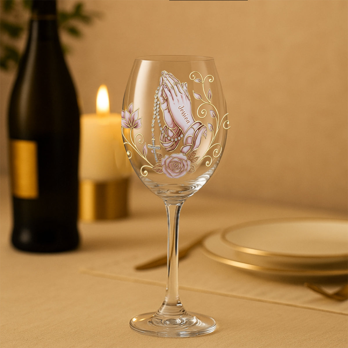 Betende Hände – Personalisiertes christliches Weinglas mit langem Stiel