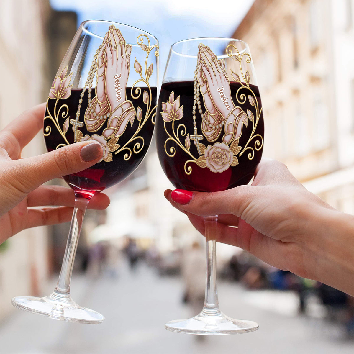 Betende Hände – Personalisiertes christliches Weinglas mit langem Stiel