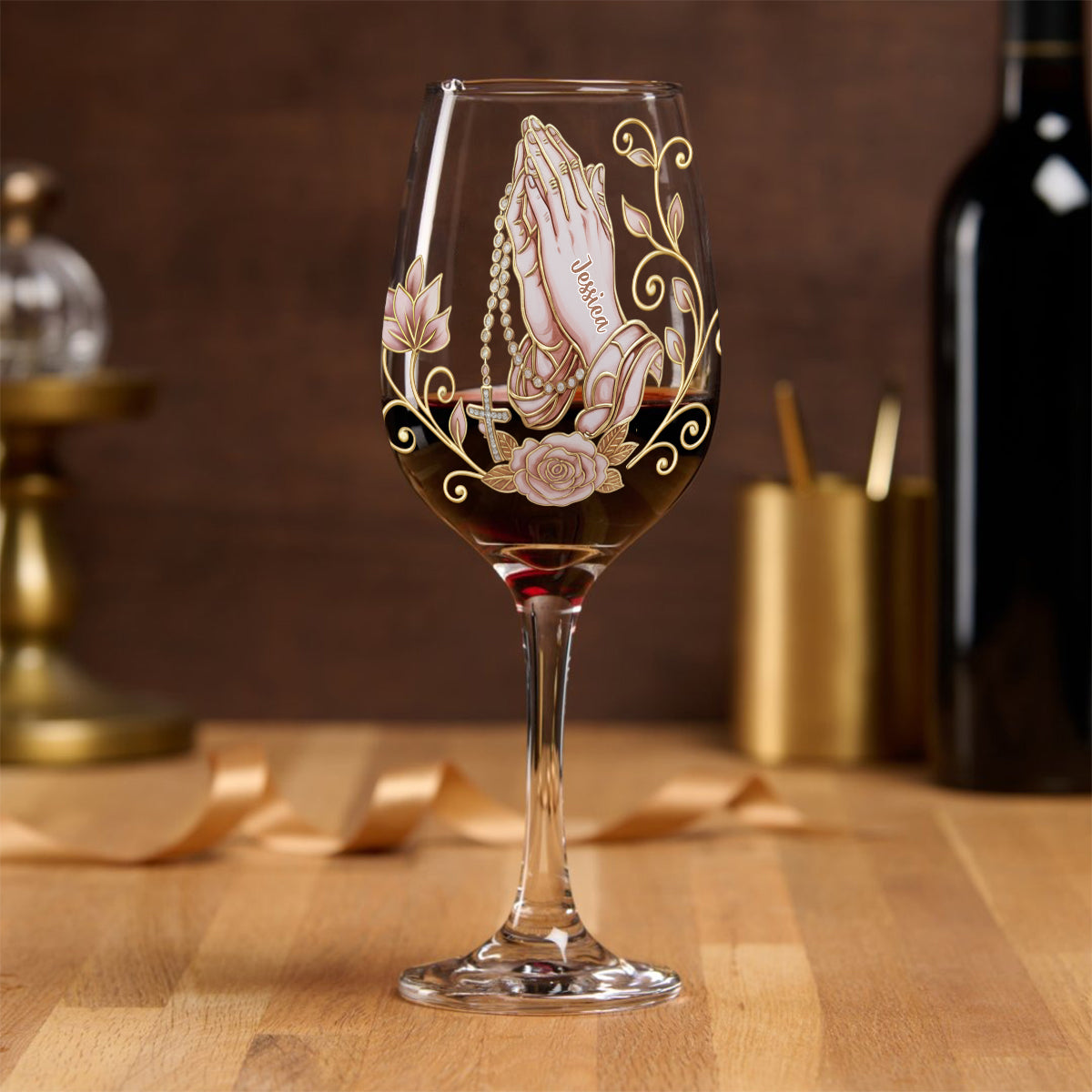 Betende Hände – Personalisiertes christliches Weinglas mit langem Stiel