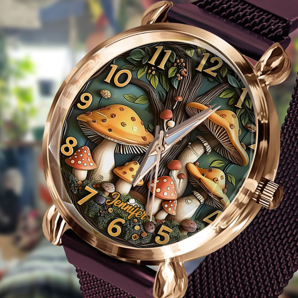 Pilz und Baum – Personalisierte Hippie-Damenhanduhr