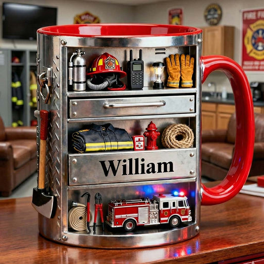 Feuerwehr-Werkzeugkasten – Personalisierte Tasse und Untersetzer mit Feuerwehrmotiv