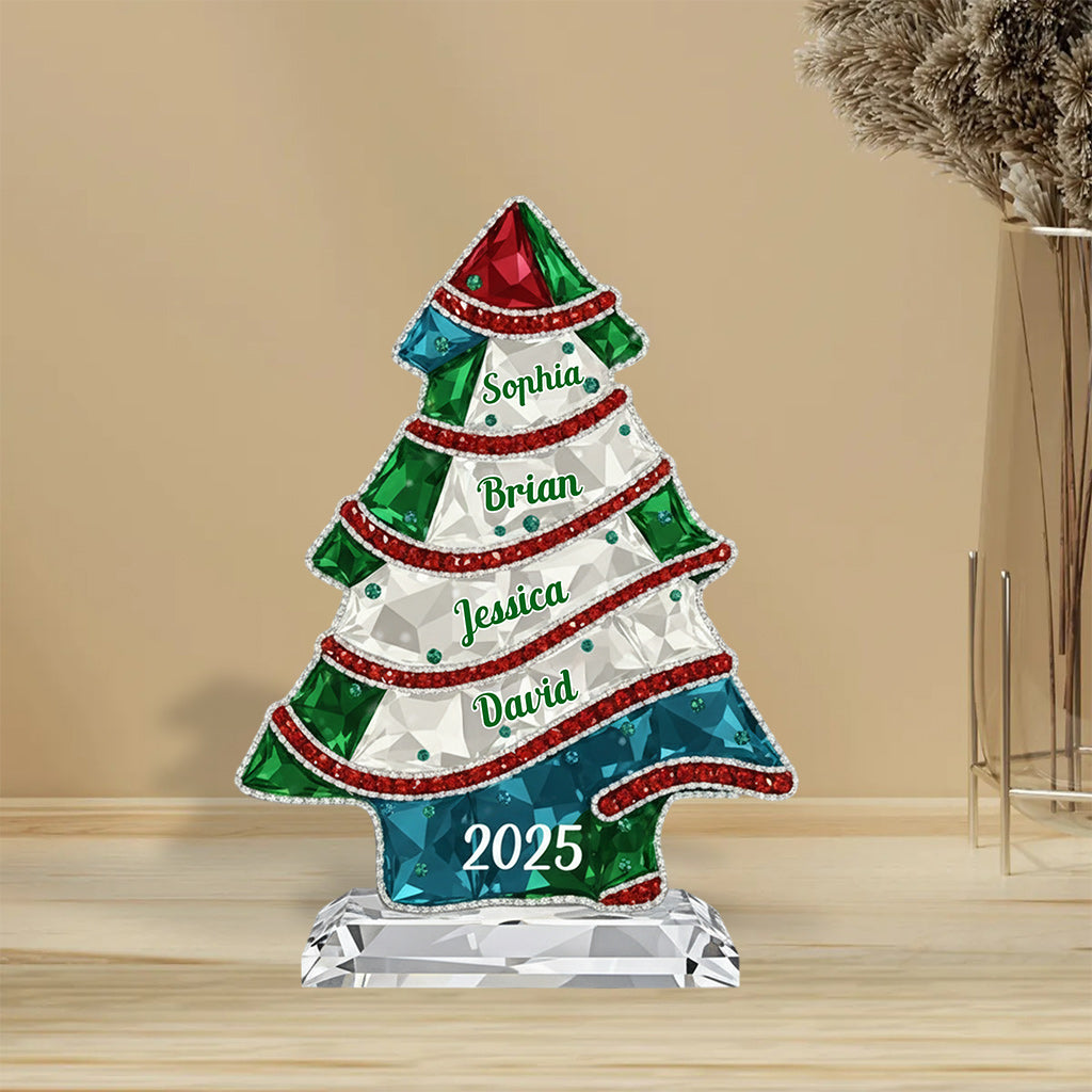Kristallbaum „Frohe Weihnachten“ – Personalisierte Acrylplakette in individueller Familienform