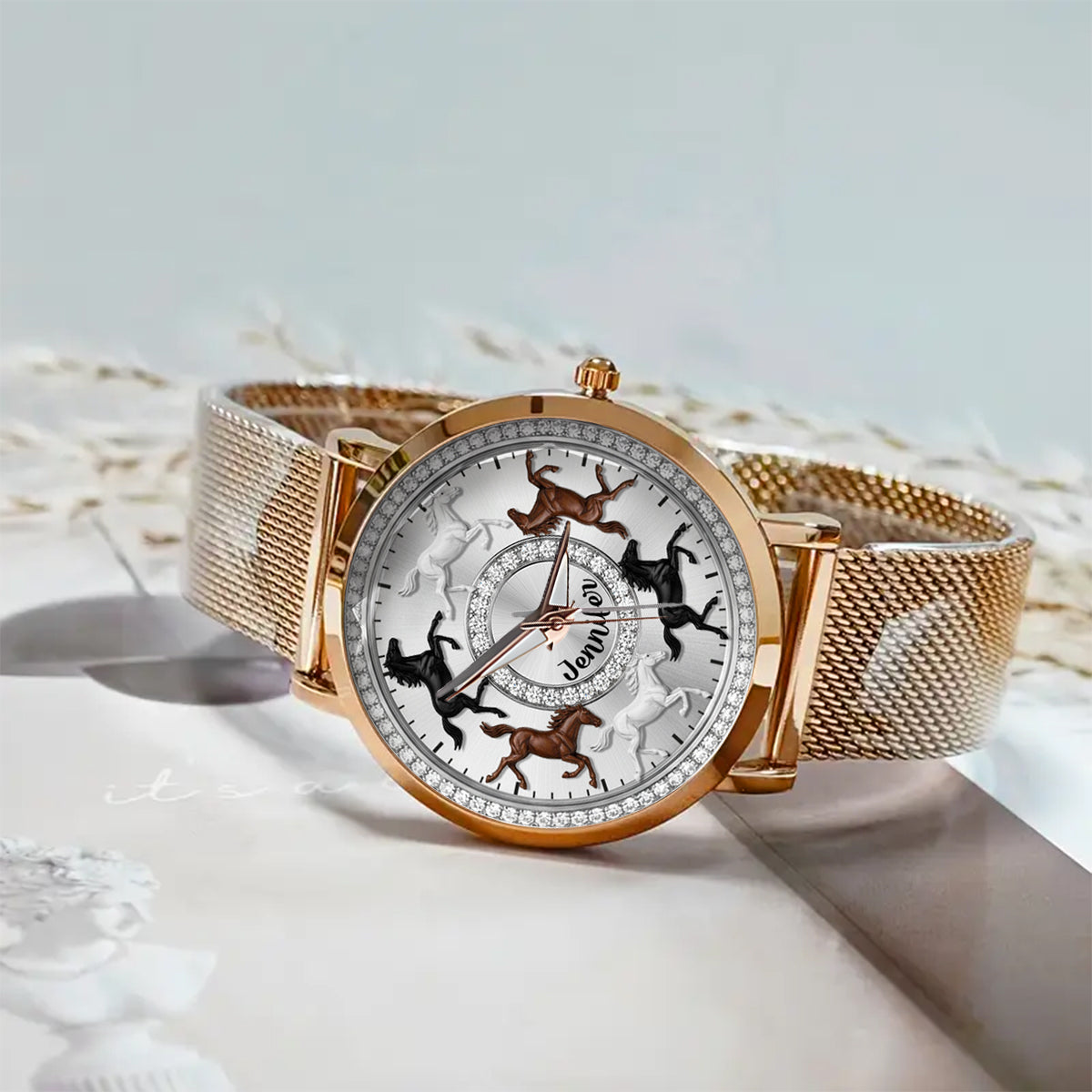 Liebe Pferde – Personalisierte Damen-Handuhr mit Pferdemotiv 