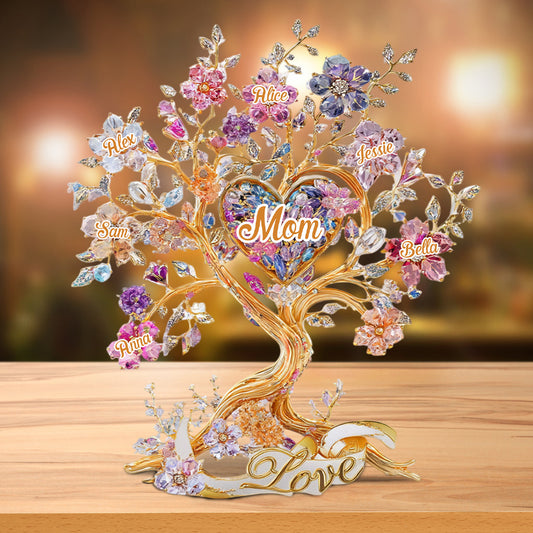 Liebe Mama – Baum, Herzen und Blumen – Personalisierte Acrylplakette in individueller Form für die Mutter