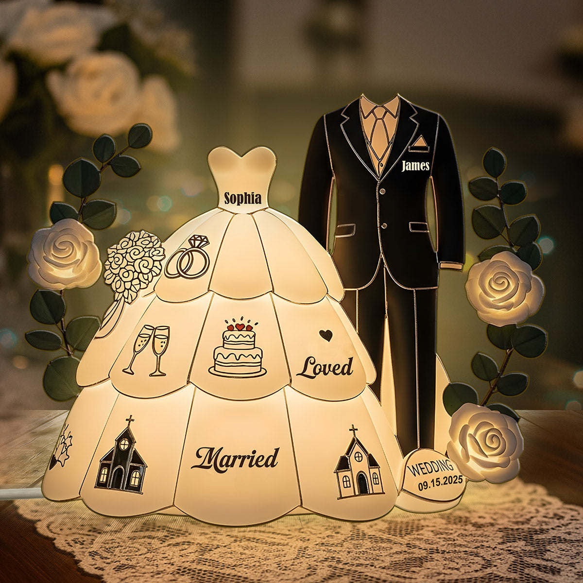 Herzlichen Glückwunsch zur Hochzeit – Personalisierte Acryl-LED-Nachtleuchte für Paare