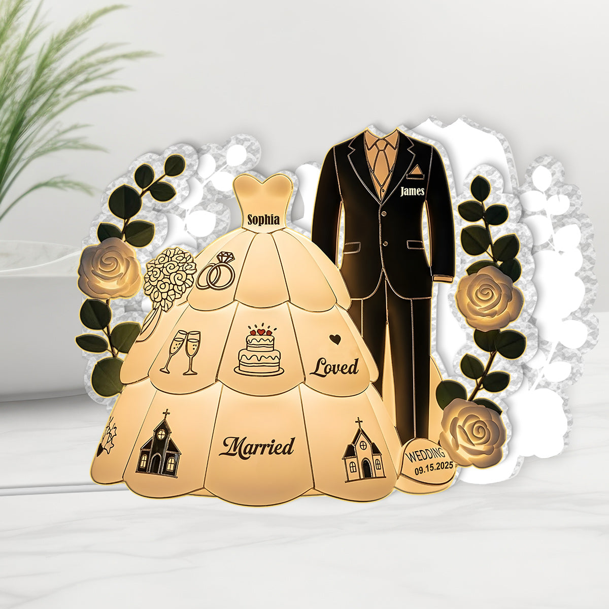 Herzlichen Glückwunsch zur Hochzeit – Personalisierte Acryl-LED-Nachtleuchte für Paare