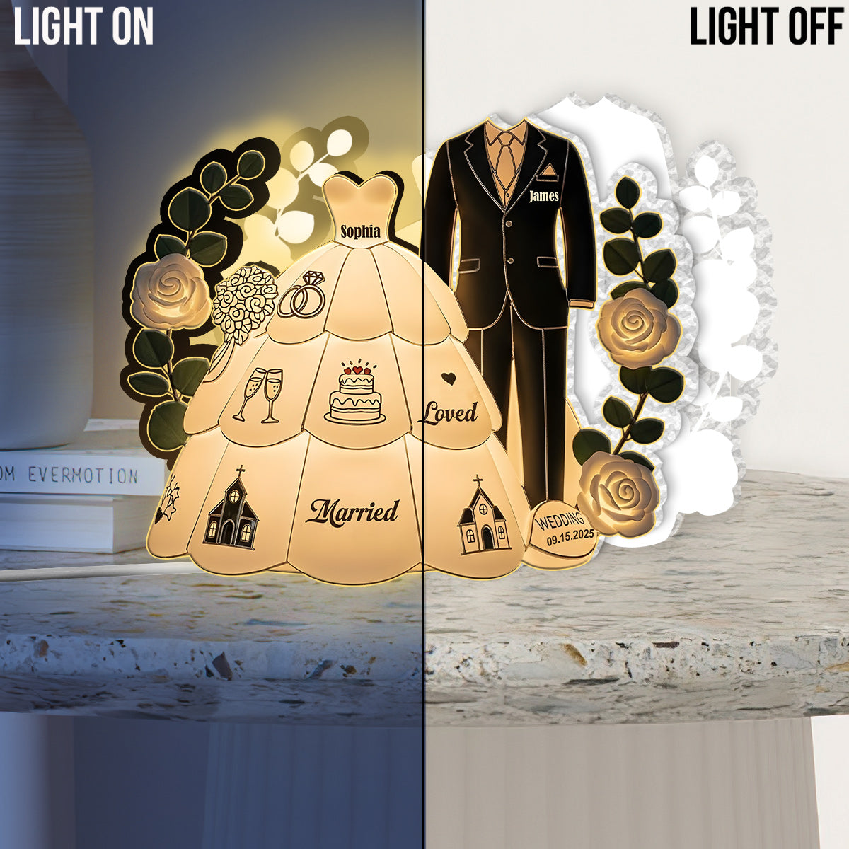 Herzlichen Glückwunsch zur Hochzeit – Personalisierte Acryl-LED-Nachtleuchte für Paare