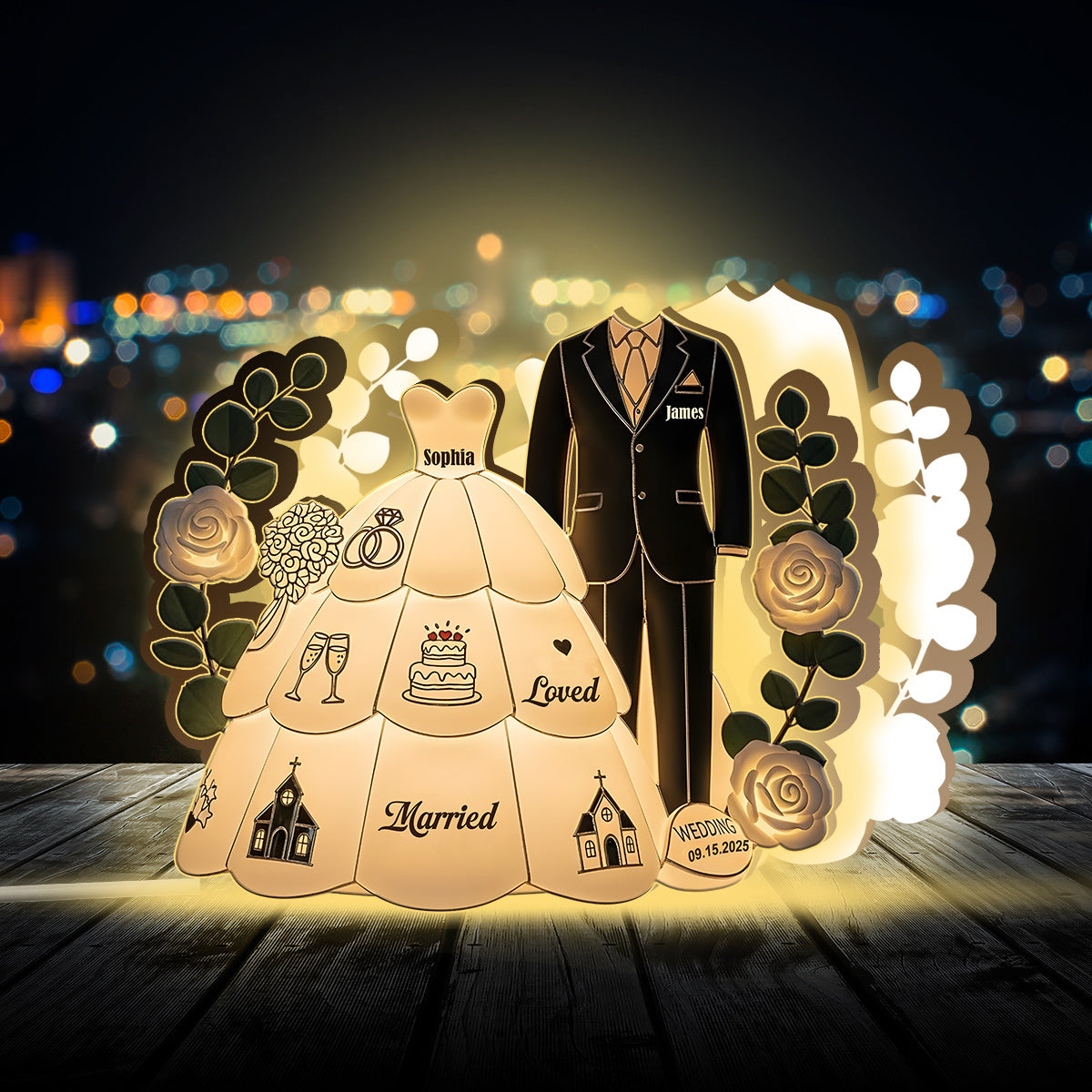 Herzlichen Glückwunsch zur Hochzeit – Personalisierte Acryl-LED-Nachtleuchte für Paare