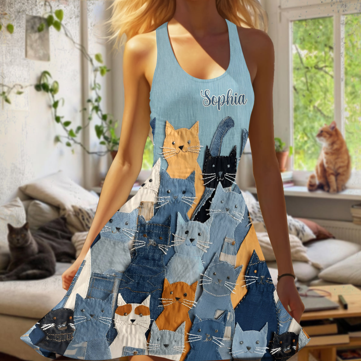 Einfach ein Mädchen, das Katzen liebt – personalisiertes ärmelloses Katzenkleid