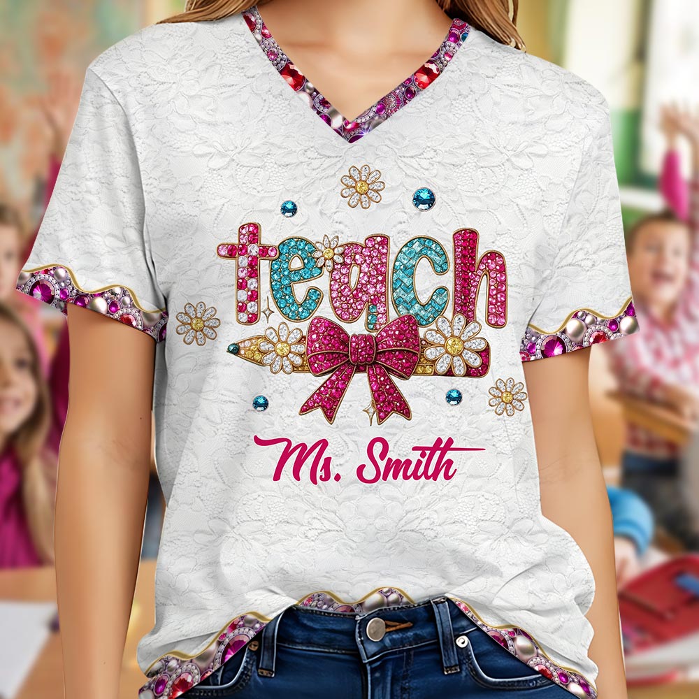 Teaching Is A Work Of heart - Personalized Teacher Fully Printed V-Neck T-Shirt