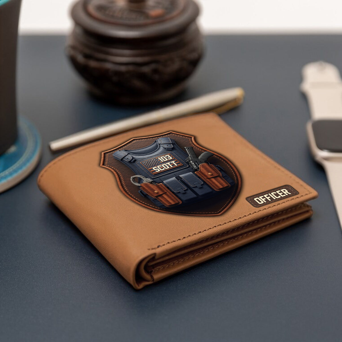 Taktische kugelsichere Weste für die Polizei – personalisierte Ledergeldbörse für Polizeibeamte