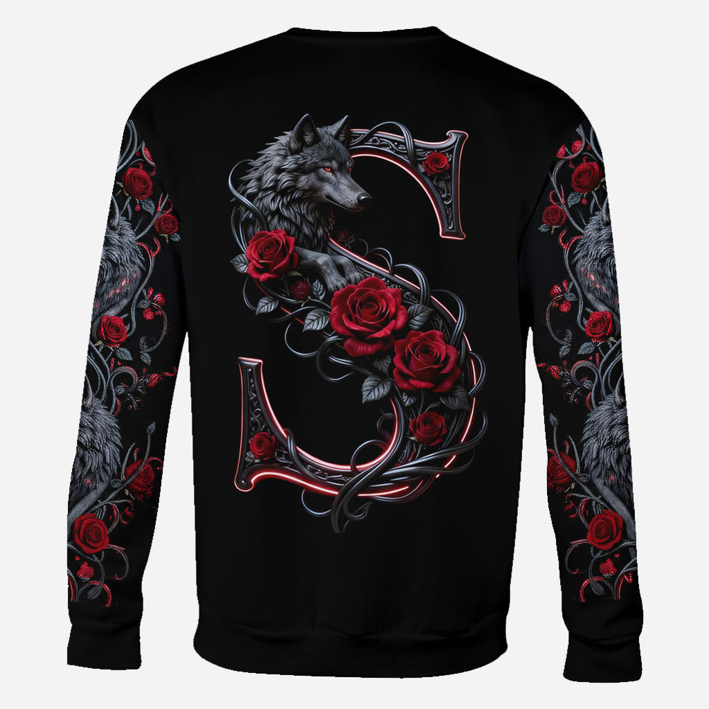 Wolf And Roses, Initial Customize - Personalized Wolf All Over Shirt