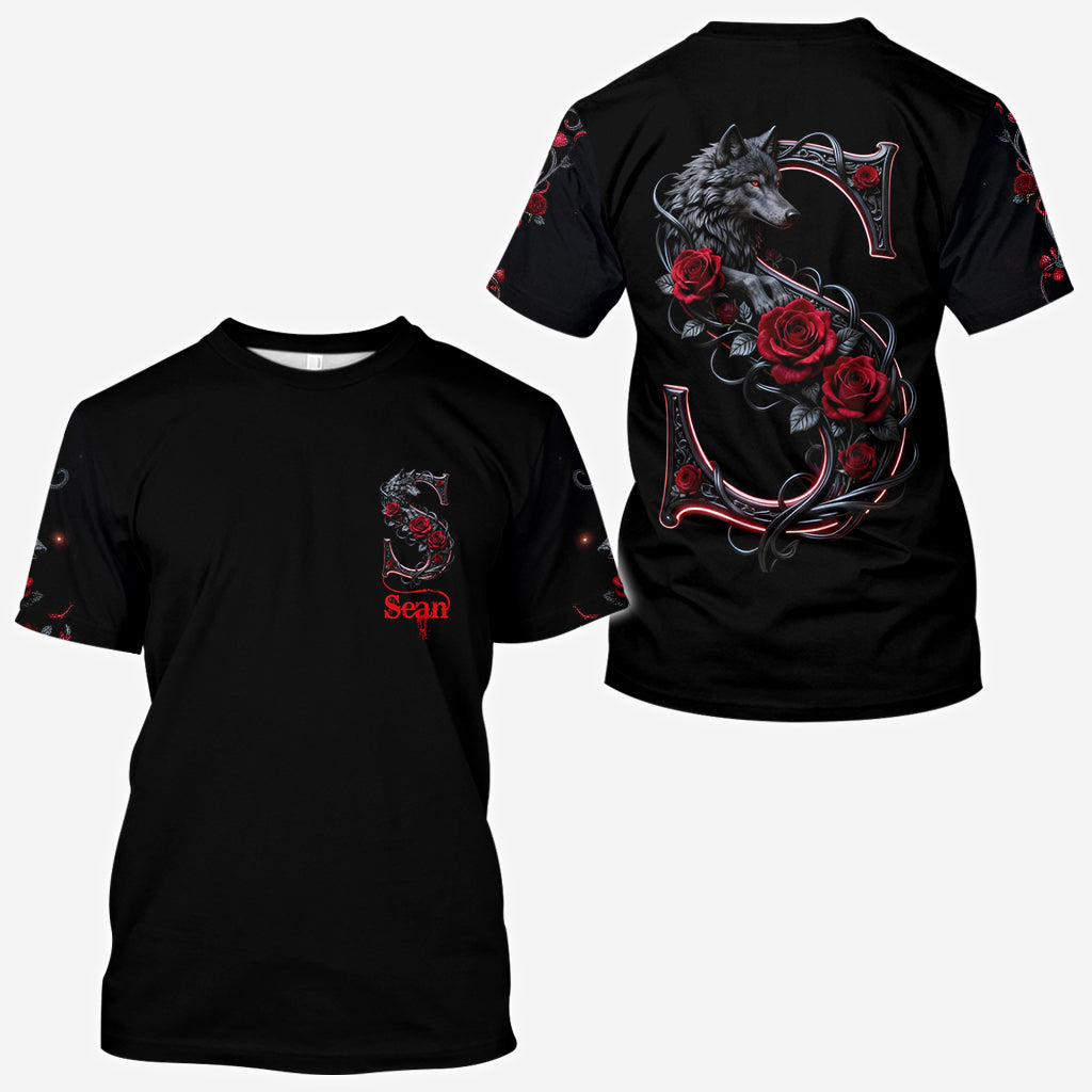 Wolf And Roses, Initial Customize - Personalized Wolf All Over Shirt