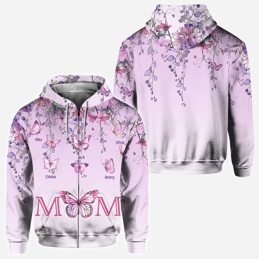 Mutter und Kinder Schmetterling - Personalisiertes Mutter-Shirt mit Allover-Print