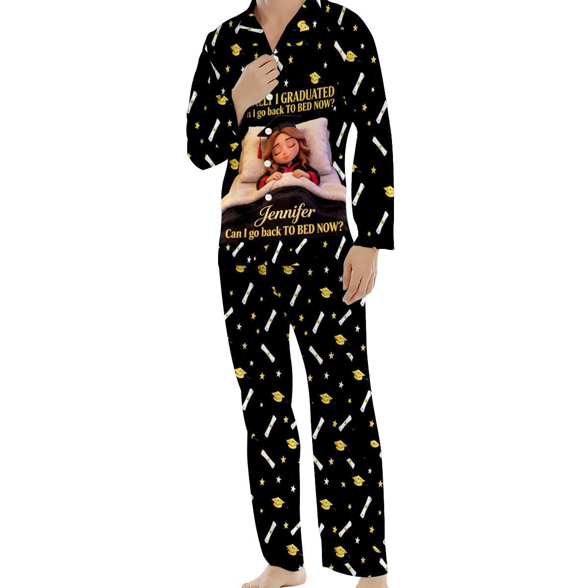 Kann ich jetzt ins Bett gehen - Personalisierte Abschlussknopf-Pyjamas