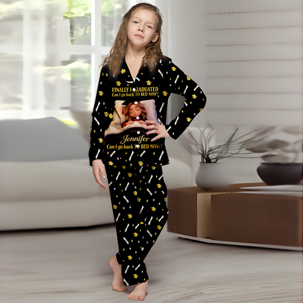 Kann ich jetzt ins Bett gehen - Personalisierte Abschlussknopf-Pyjamas