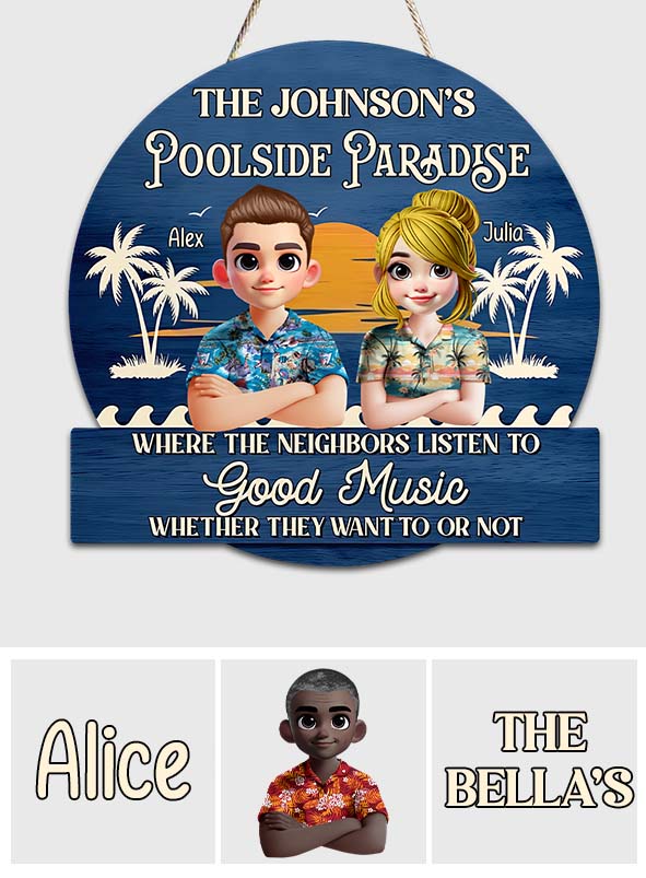 Paradies am Pool – Personalisiertes Holzschild in individueller Form für Paare