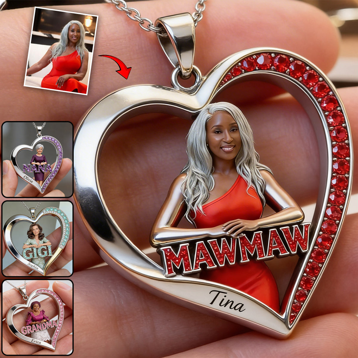 Custom Any Photo Gift For Grandma/Mom - Personalized Grandma Shaped Metal Pendant Necklace