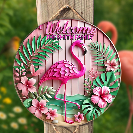 Willkommen – Personalisiertes rundes Flamingo-Holzschild
