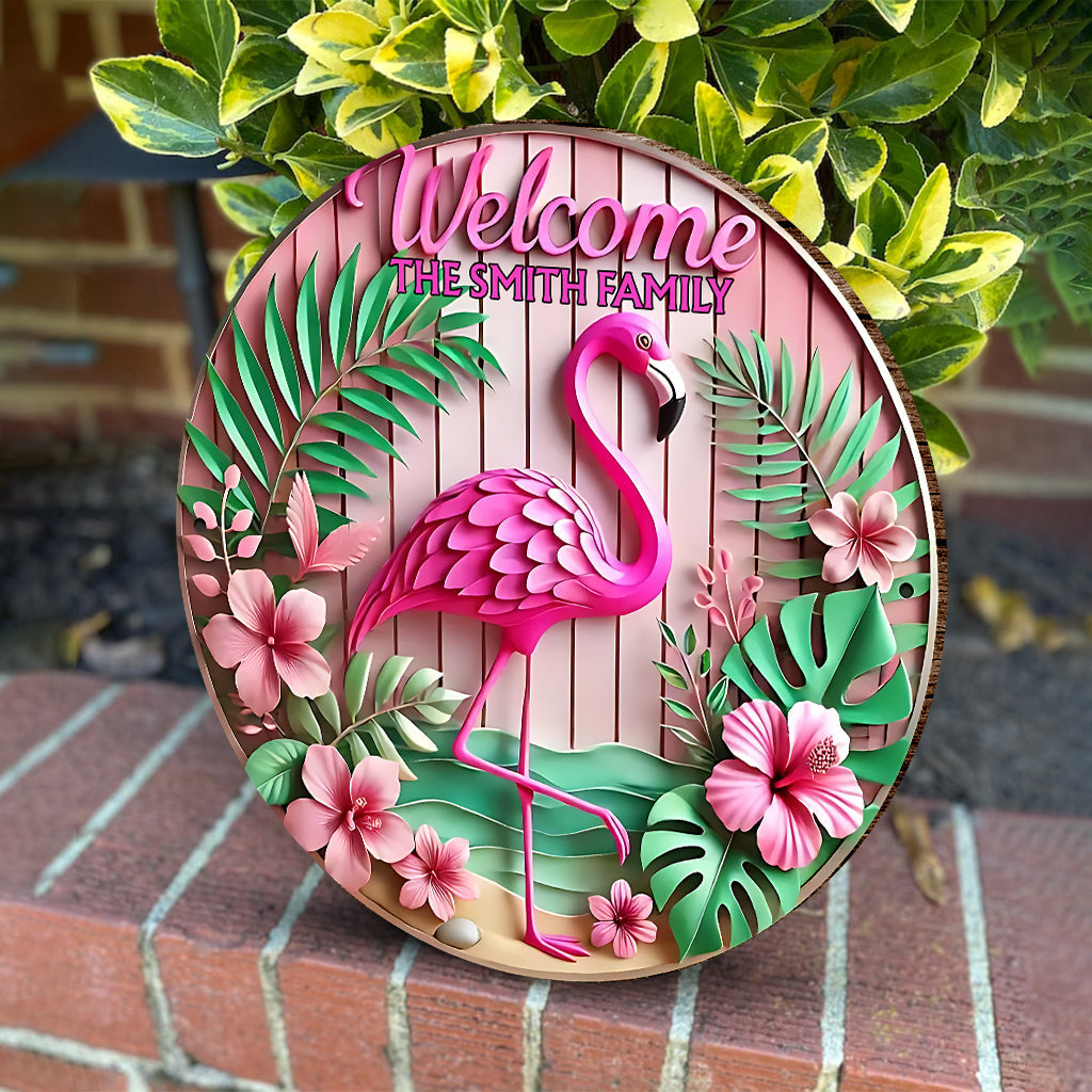 Willkommen – Personalisiertes rundes Flamingo-Holzschild