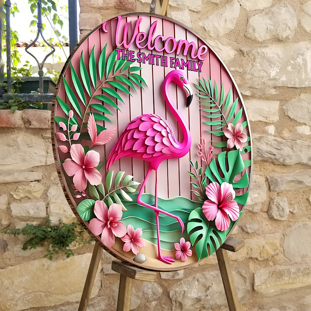 Willkommen – Personalisiertes rundes Flamingo-Holzschild