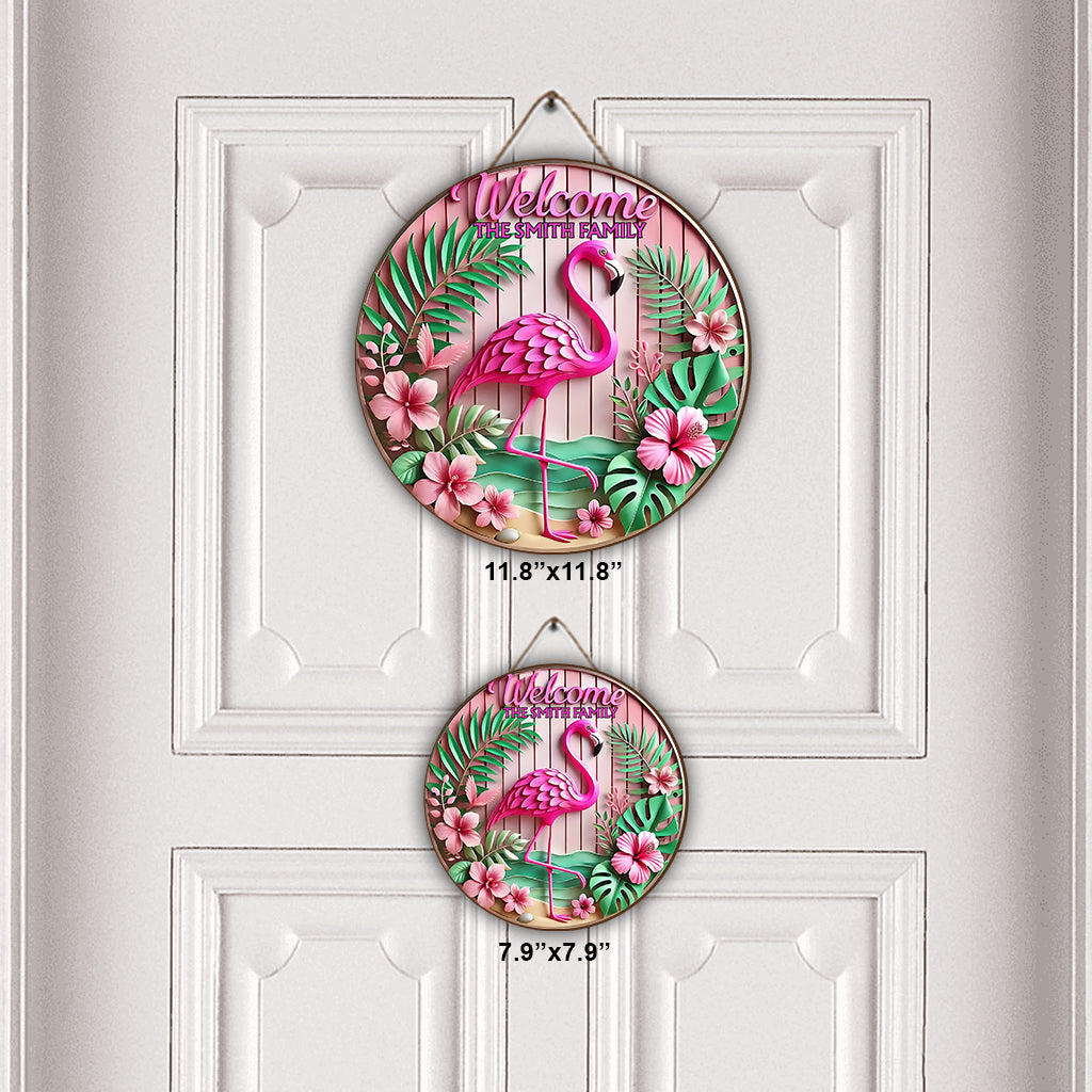 Willkommen – Personalisiertes rundes Flamingo-Holzschild