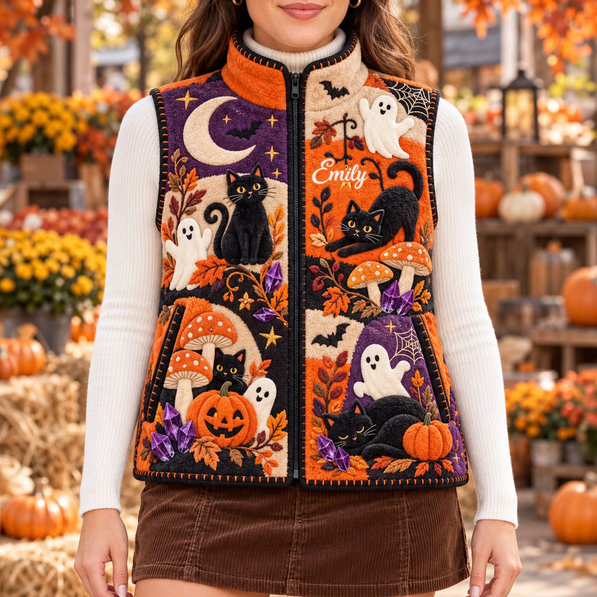Happy Halloween - Personalized Black Cat Flannel Fleece Vest