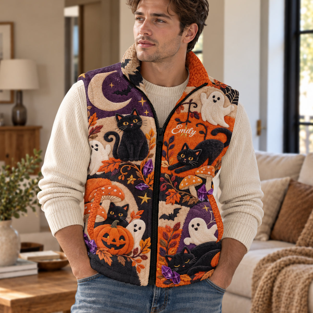 Happy Halloween - Personalized Black Cat Flannel Fleece Vest