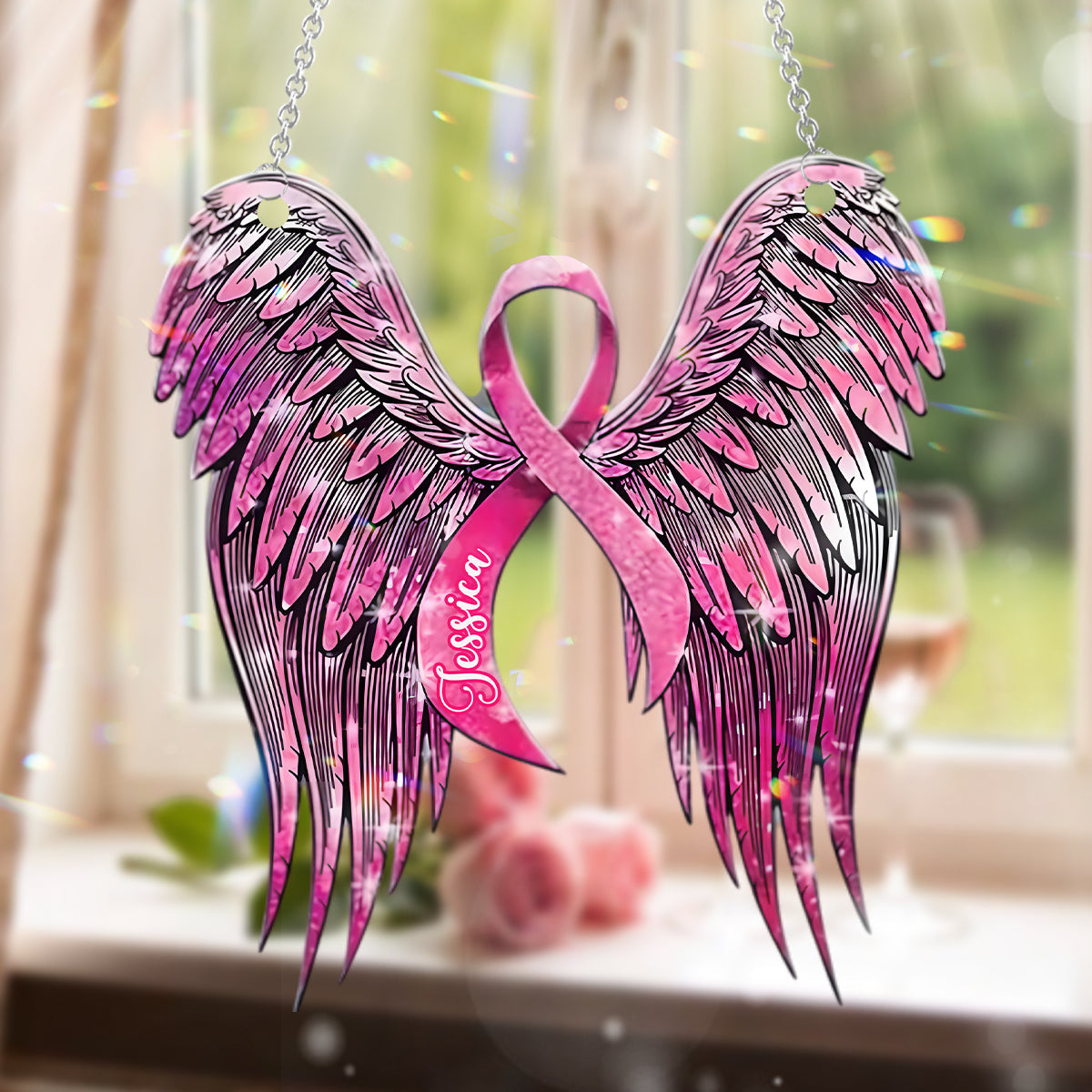 Breast Cancer Awareness - Support Pink Ribbon Angel Wing - Personalized Breast Cancer Awareness Window Hanging Suncatcher Ornament