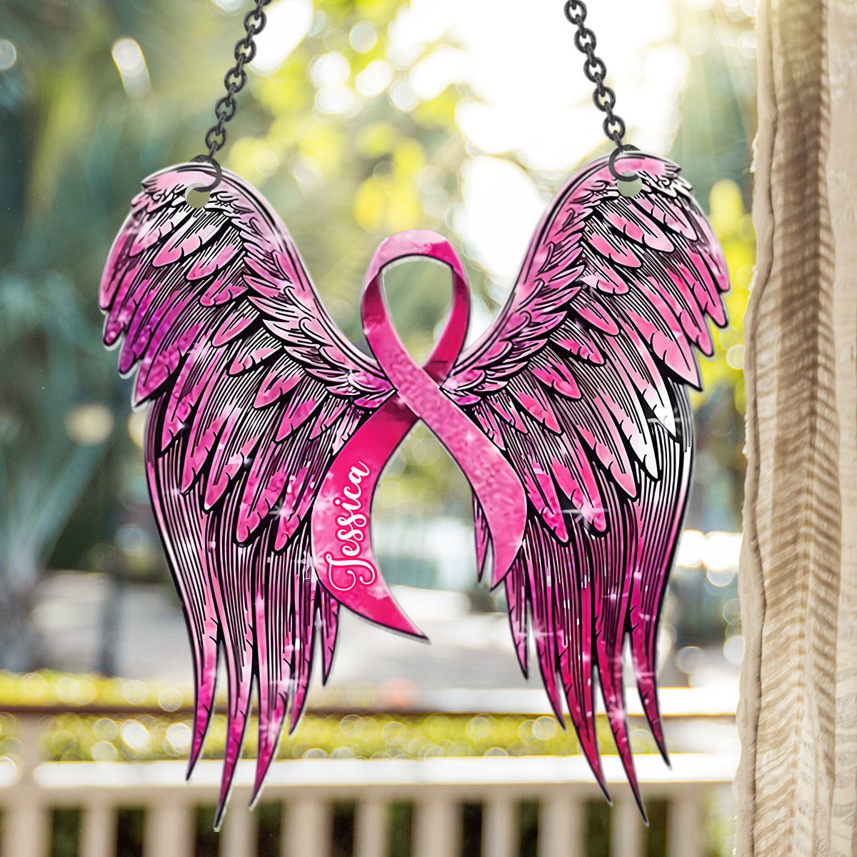 Breast Cancer Awareness - Support Pink Ribbon Angel Wing - Personalized Breast Cancer Awareness Window Hanging Suncatcher Ornament