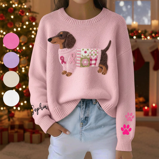 Pink Dachshund Knit - Personalized Breast Cancer Awareness Ugly Sweater