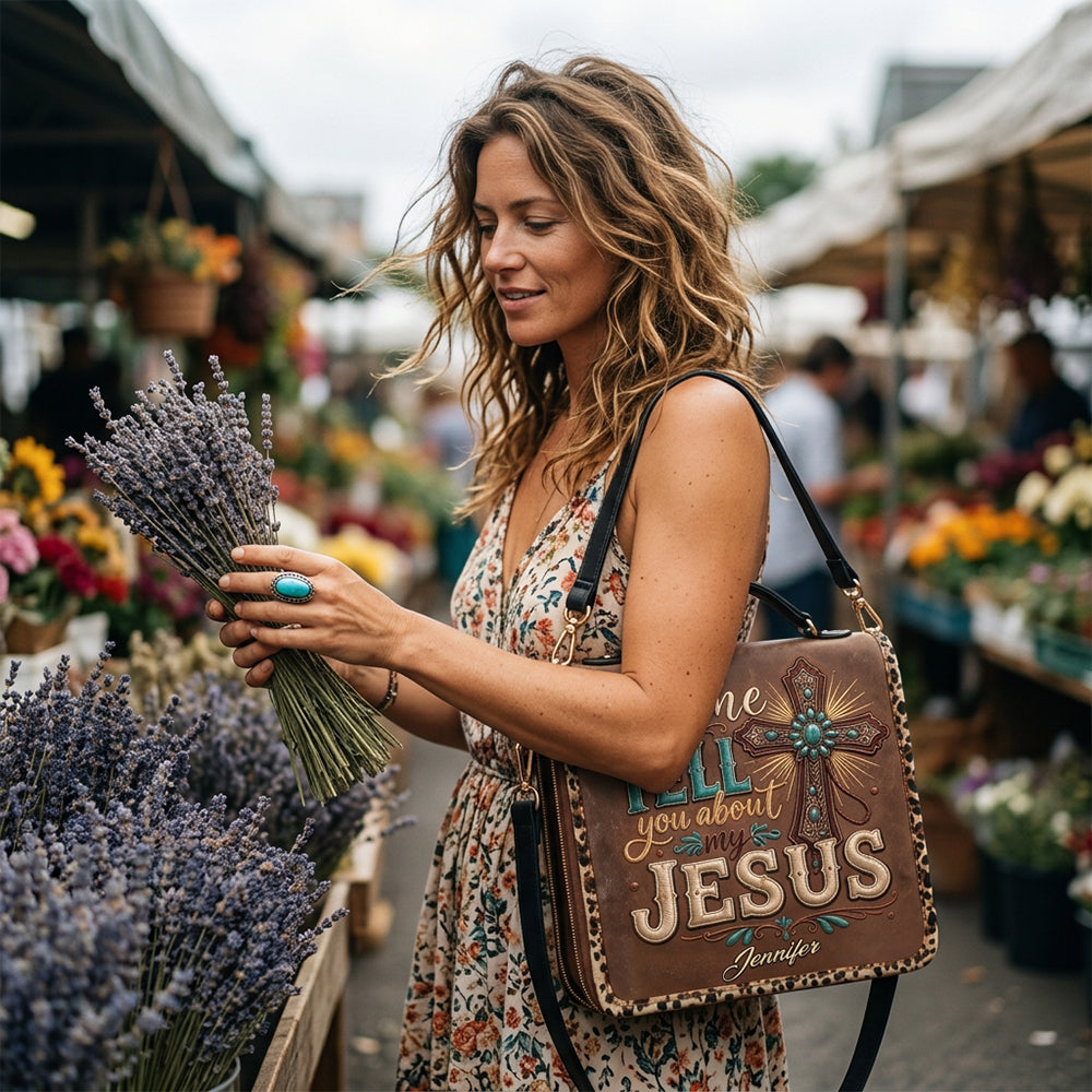 Let Me Tell You About My Jesus - Personalized Christian Leather Bible Cover Bag